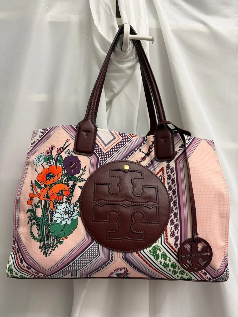 Tory Burch Pink Floral Logo Tote with Brown Leather Trim